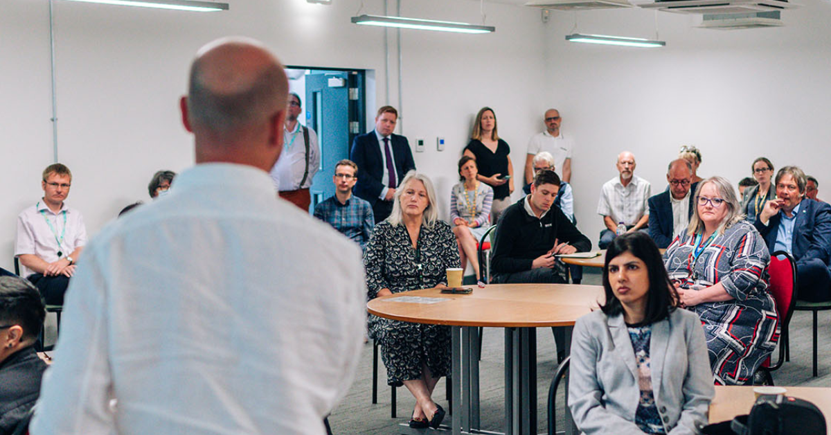 Robert Hairstans engages with attendees at NMITE's Skylon park campus in Hereford