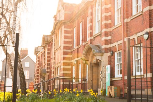 NMITE's Blackfriars Campus - daffodils are in the foreground