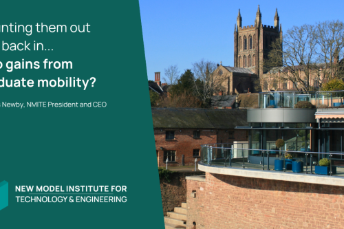 Hereford Cathedral and Left Bank Village are in view. The NMITE logo is visible and the text in image reads counting them out and back in... who gains from graduate mobility?