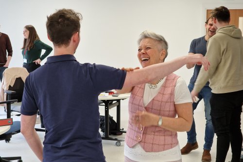 Woman and man talking