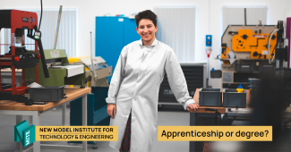 The image reads 'Apprenticeship or degree?'. A young woman is stood in a lab coat in a factory setting